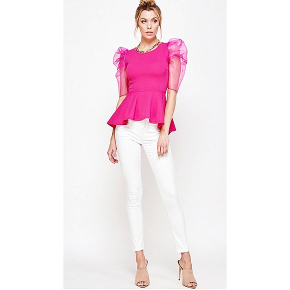 Retro Sheer Puff Romantic Fuchsia Blouse Top - Picture 3 of 6